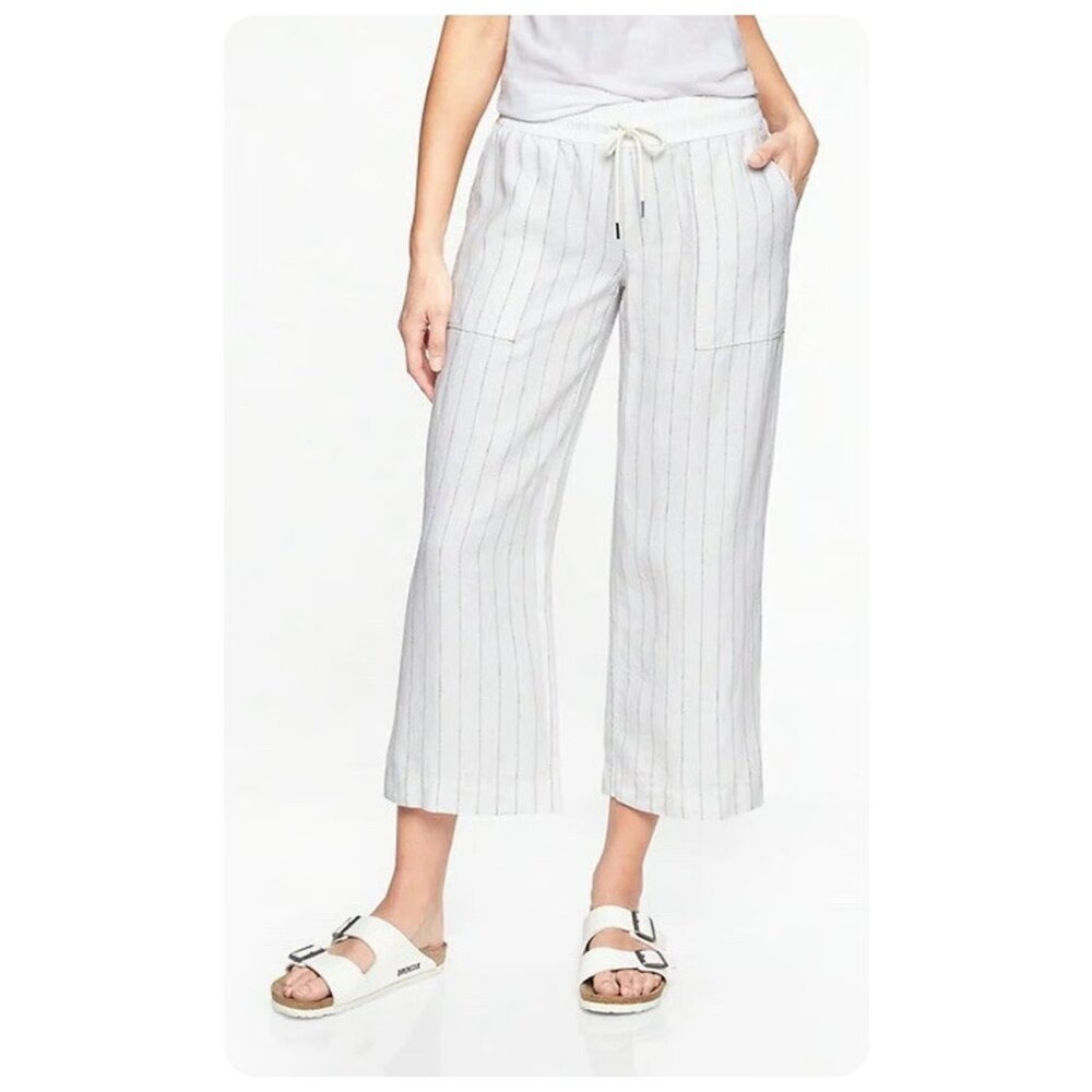 Athleta White Stripe Bali Linen Crop Pant sz 6